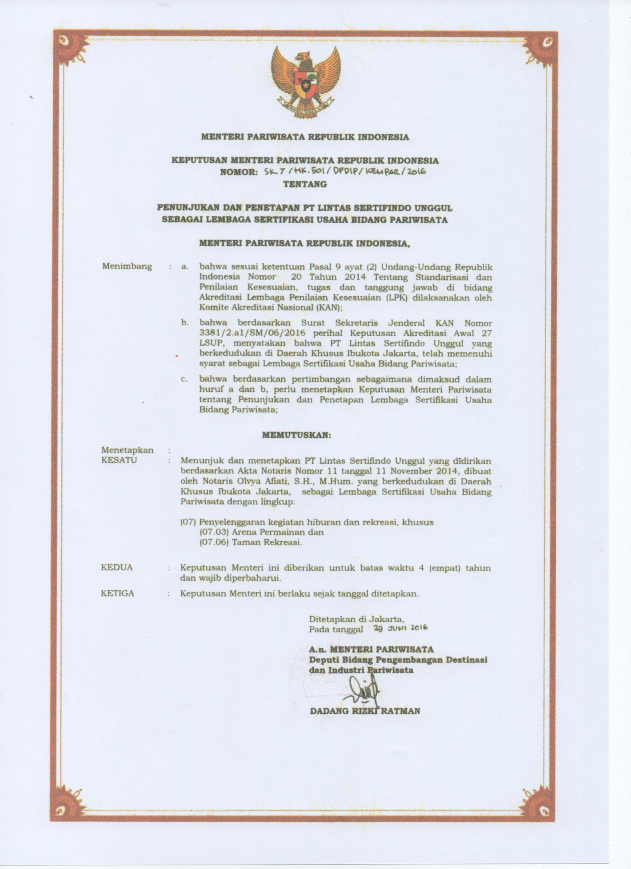Sertifikat Penunjukan KEMENPAR
